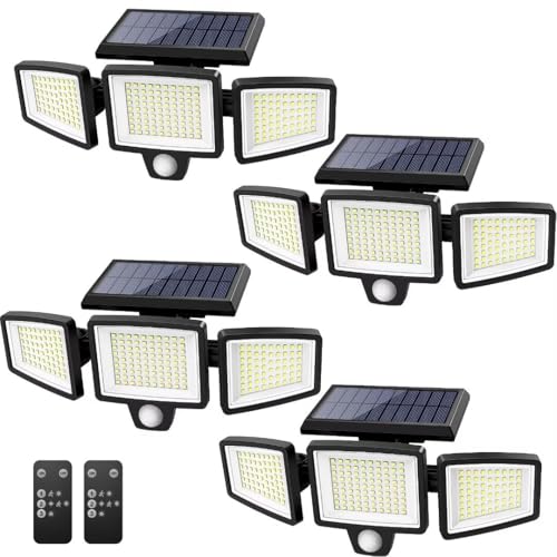 Tuffenough Solar Outdoor Lights 2500LM 210 LED Security Lights with Remote Control,3 Heads Motion Sensor Lights, IP65 Waterproof,270° Wide Angle Flood Wall Lights with 3 Modes(2 Packs)