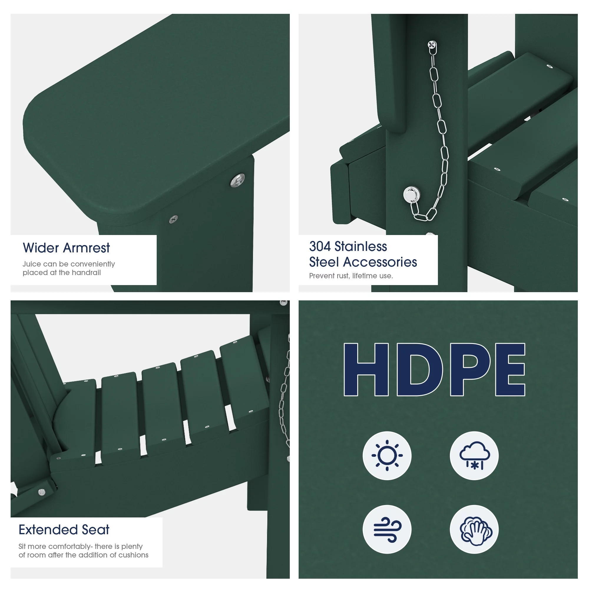 Wulful Folding Plastic HDPE Patio Adirondack Chair, Green