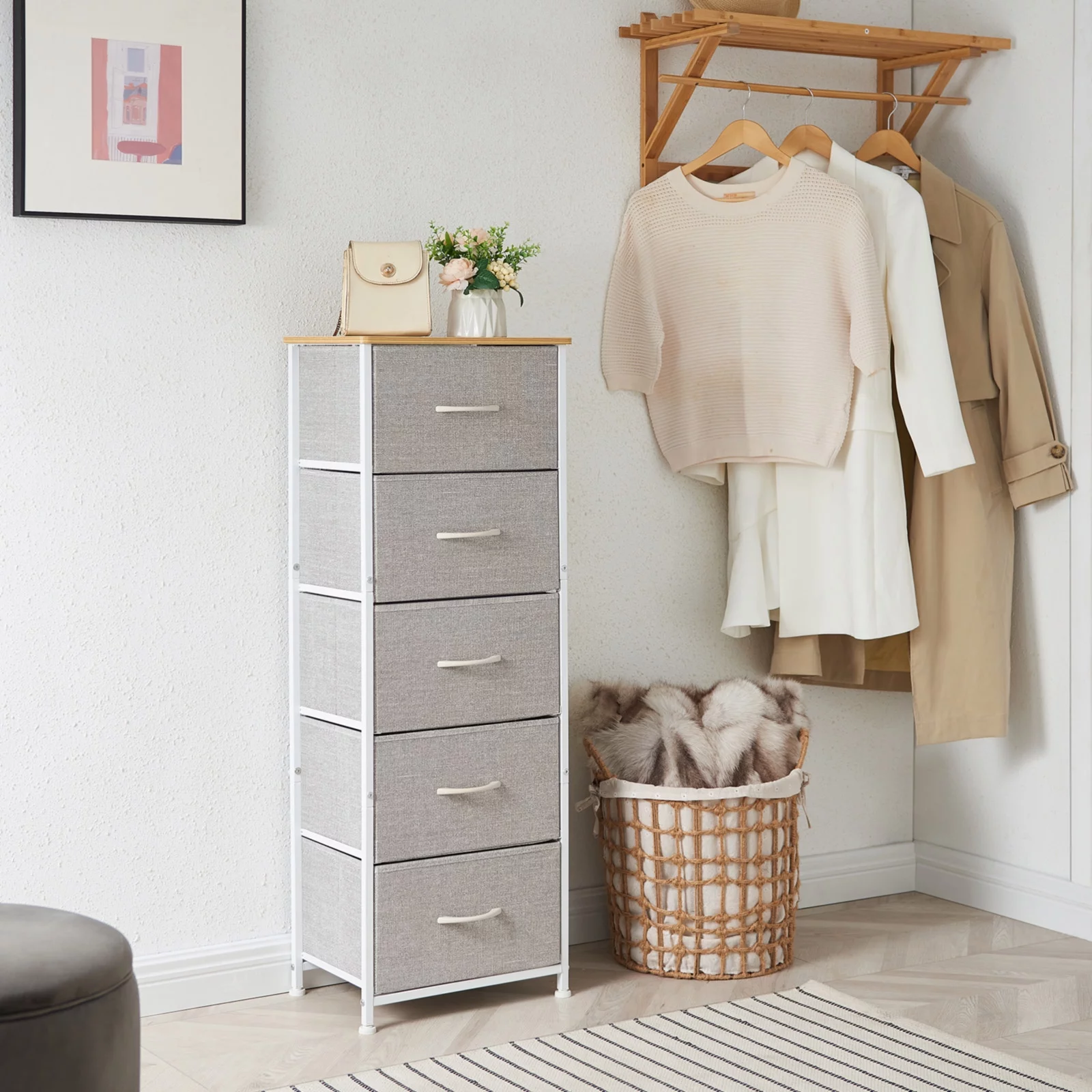 Somdot Nightstand Dresser with 5 Drawers Chest of Vertical Fabric Storage Cabinet Dresser for Bedroom Office Laundry Closet Entryway Hallway Nursery Room