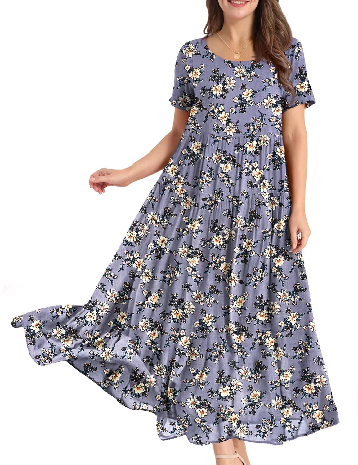Fantaslook Summer Dresses for Women Casual Loose Maxi Bohemian Floral Dress Short Sleeve Beach Long Swing Dress