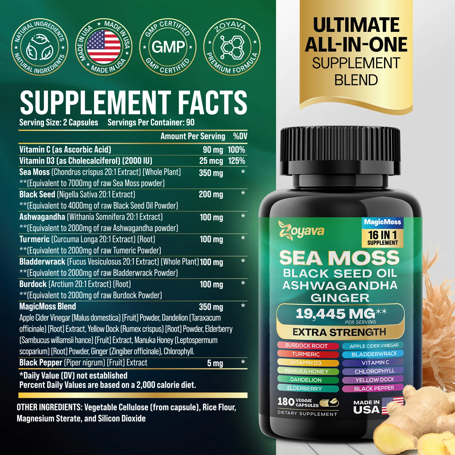 Zoyava Sea Moss Blend, 19,445 MG All-in-One Formula with over 15+ Super Ingredients, Extra Strength & High Potency (180 Capsules)