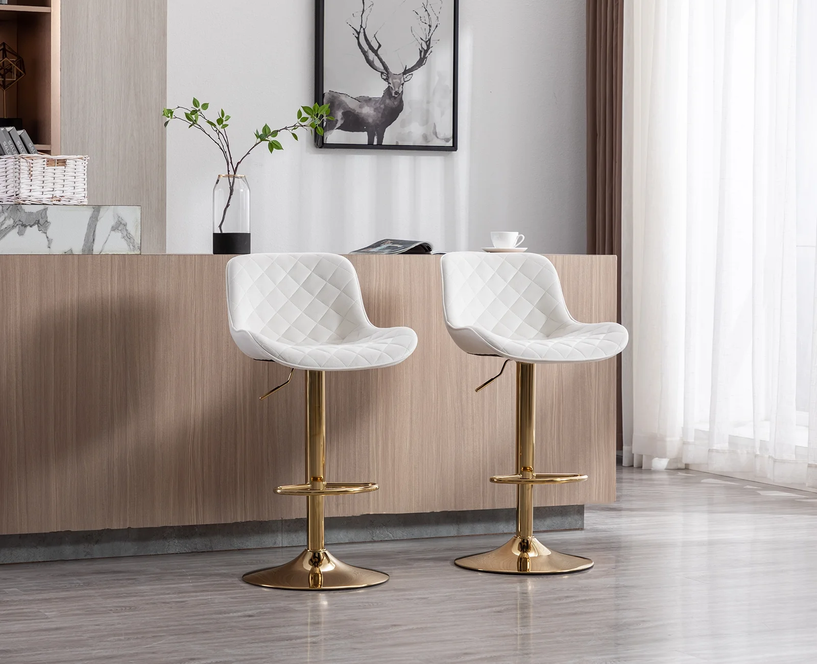 Guyou Modern Swivel Bar Stools Set of 2, Adjustable Velvet Counter Height Kitchen Bar Chairs with Footrest and back for Pub Kitchen Island Dining Room, Beige