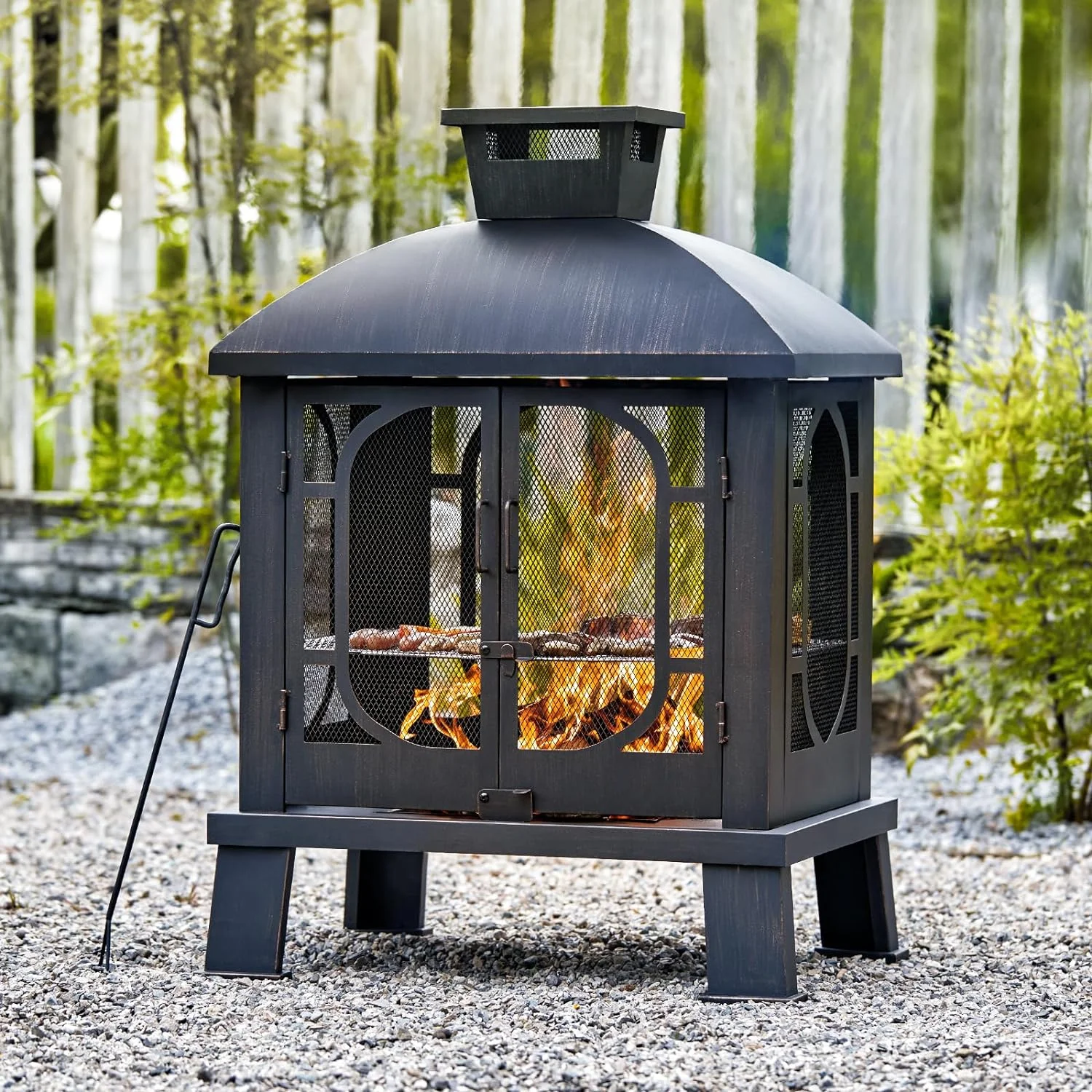 45 Inch Fire Pit Chimney, Pagoda Style Large Wood Burning Firepit, Outdoor Fireplace with Grill Grate for Barbecue, Patio, Backyard