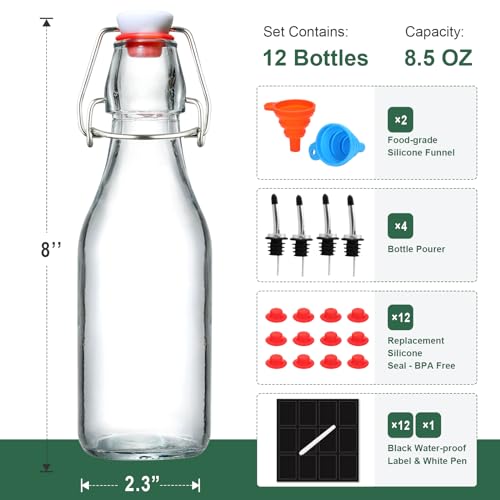 AOZITA 8-Pack 8.5oz Flip Top Glass Bottles, Swing Top Beer Brewing Bottle for 2nd Fermentation, Kombucha, Kefir, Vanilla Extract, Coquito, Juice, Tea - Airtight Stopper Cap Lid, Bonus 2 Bottle Pourers