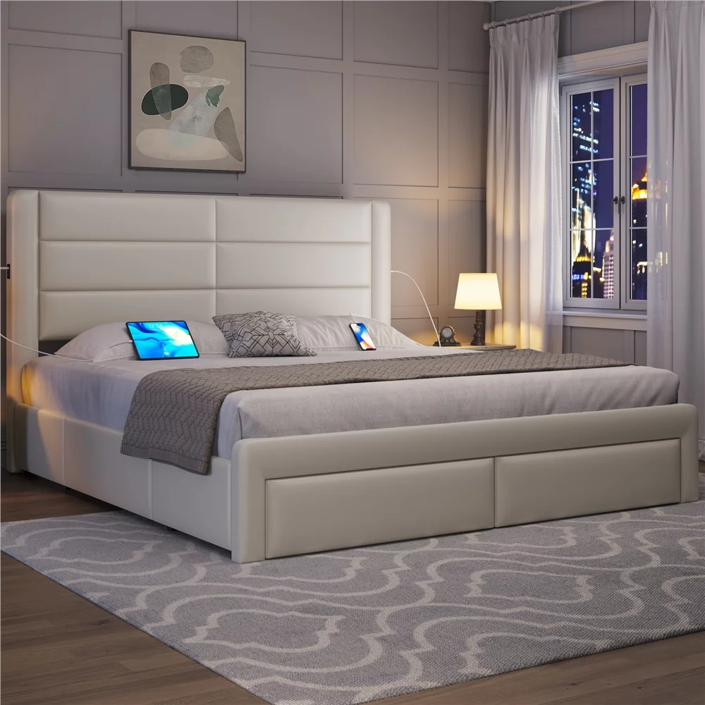 Yaheetech Upholstered Platform Bed with 3 Storage Drawers and Built-In USB Ports,King,Beige