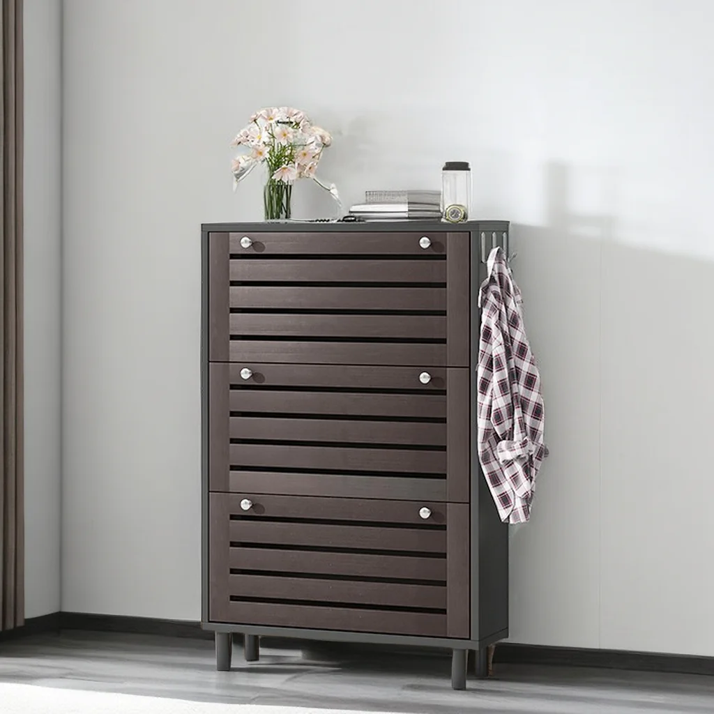 Minimalist Slim Shoe Storage Cabinet with Hanging Hooks, Slits Design Panels Entryway Organizer with 3 Flip Drawers, Free Standing Shoe Rack with Adjustable Panel for Hallway