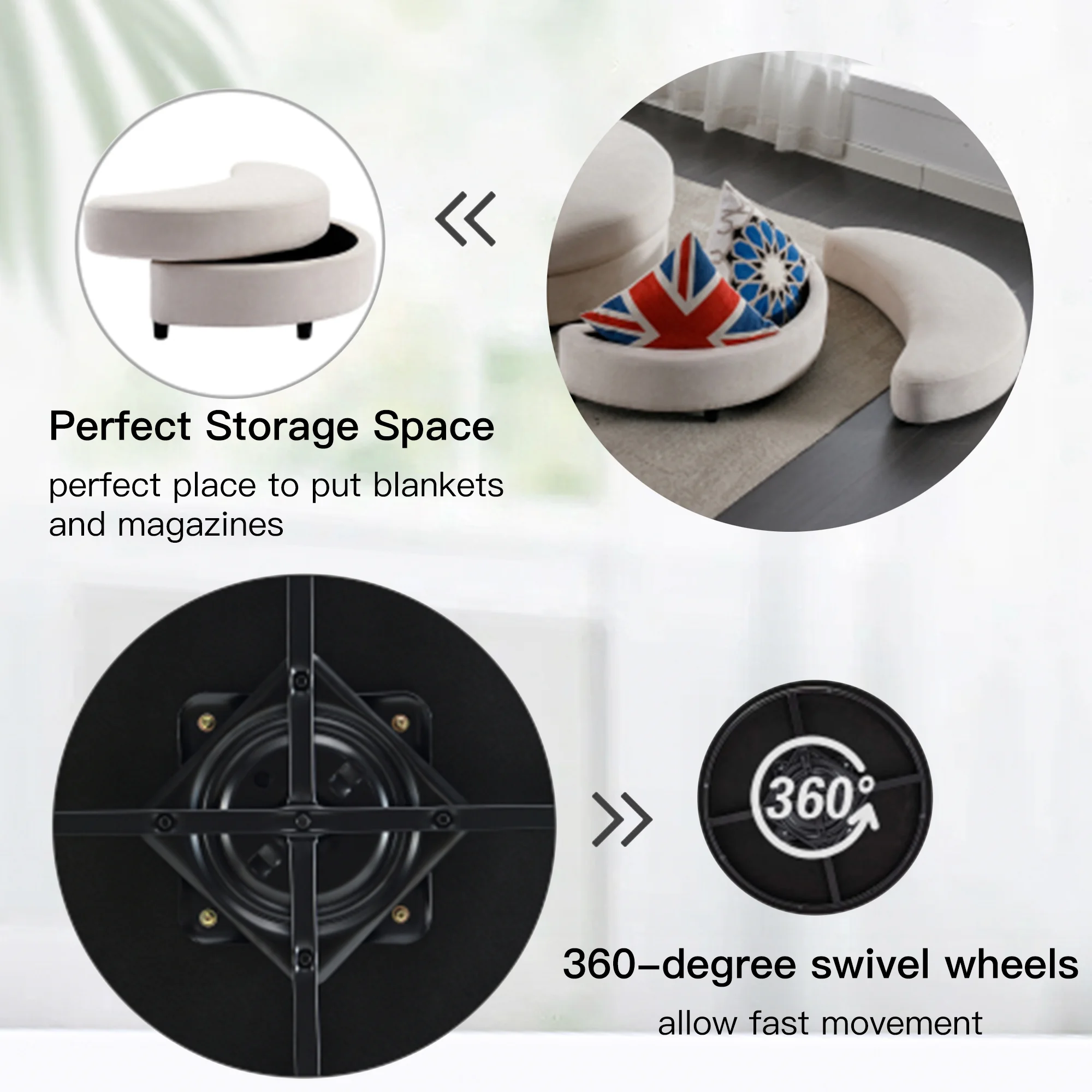 360° Swivel Accent Barrel Chair and Half Crescent Moon Storage Bench Large Ottoman with 4 Pillows,Upholstered Oversized Leisure Round Loveseat Recliner Sofa Chaise Lounge Circle Armchair