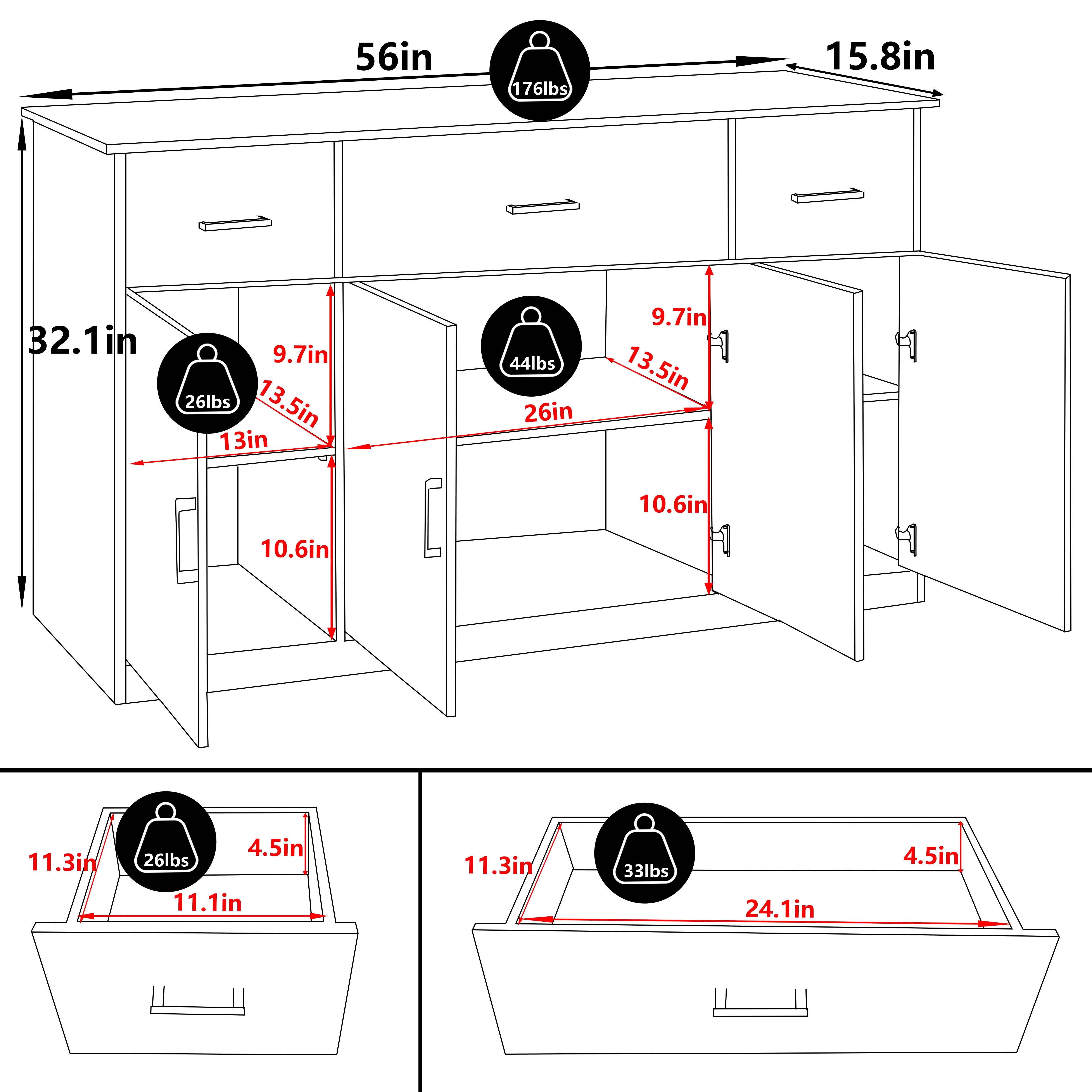 VEIKOUS Sideboard Buffet Cabinet, Large Kitchen Cupboard Storage Cabinet w/3 Drawers and Adjustable Shelves, Black