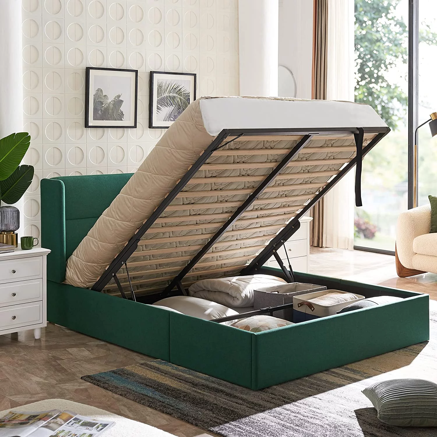 Relax & Rejuvenate Queen Size Lift up Storage Bed, Upholstered Platform Bed Frame with Modern Linen Fabric Wingback Headboard, Wood Slats Support, Noiseless, Easy Assembly, No Box Spring Needed, Green