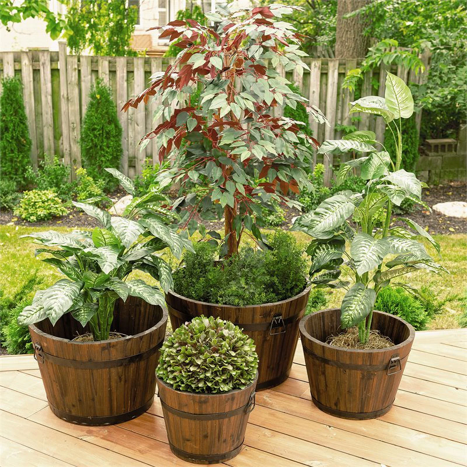 Leisure Season Large Barrel Style Round Wood Planters in Medium Brown (Set of 4)
