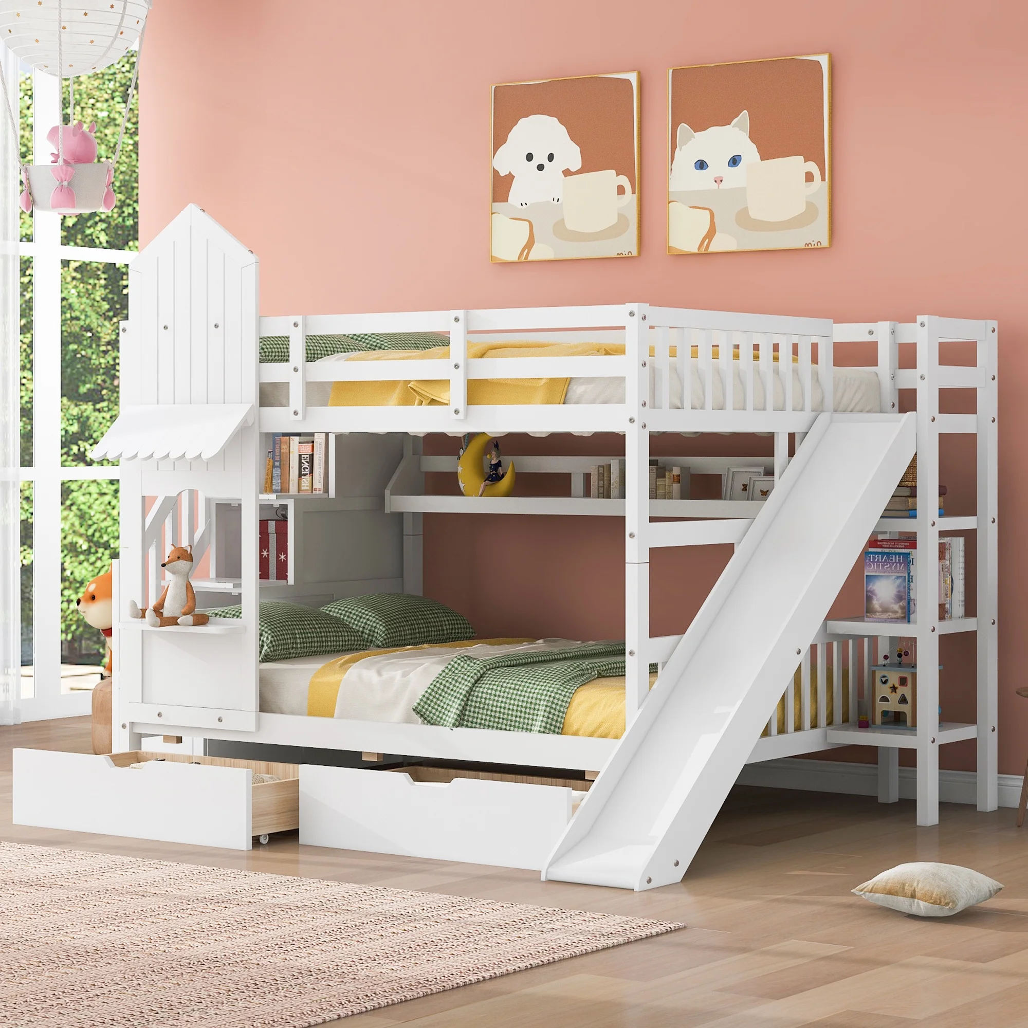 Bellemave Kids Castle Bunk Bed with Storage Drawers, Shelf, Slide and Safety Guardrail, Full Over Full Bunk Bed with Stairs, Castle Bunk Bed/Playhouse Bed for Girls, Boys, Kids (White)