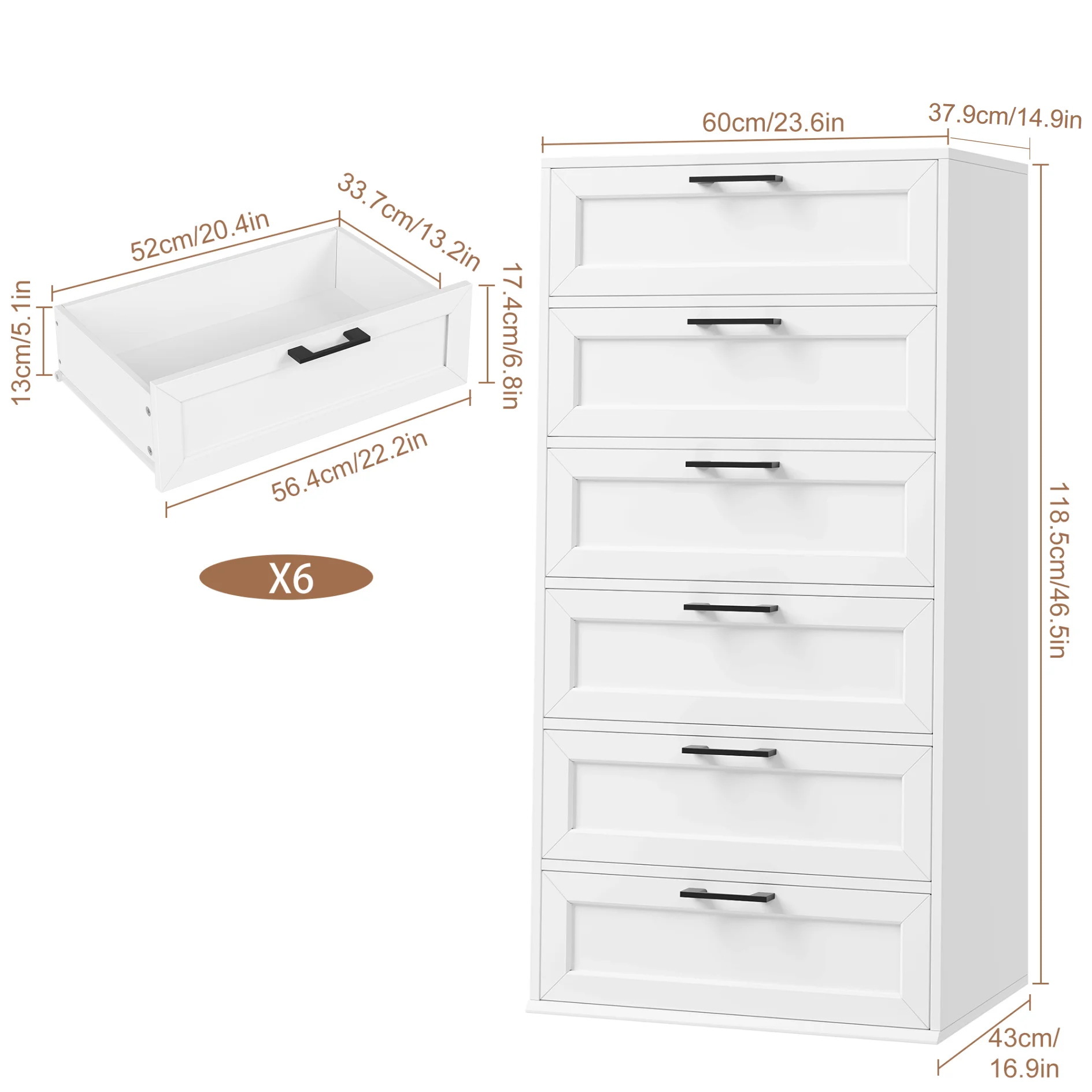 Homfa 6 Drawer Tall Dresser, Chest of Drawer Nightstand with Metal Handles for Bedroom, White