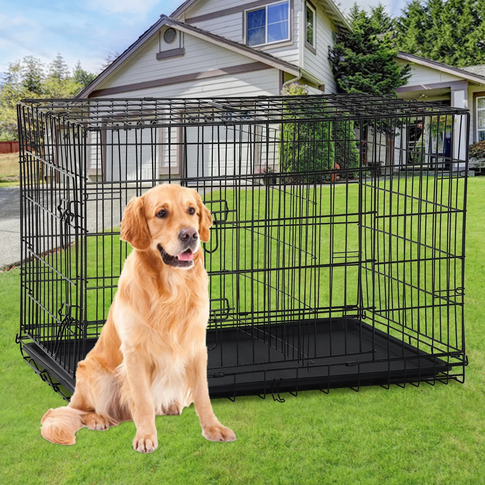 NiamVelo Heavy Duty Dog Crate Dog Cage 42'' Extra Large Dog Crate Kennel for Large Dogs, Folding Metal Dog Crate W/Divider & Tray Double Doors , Black