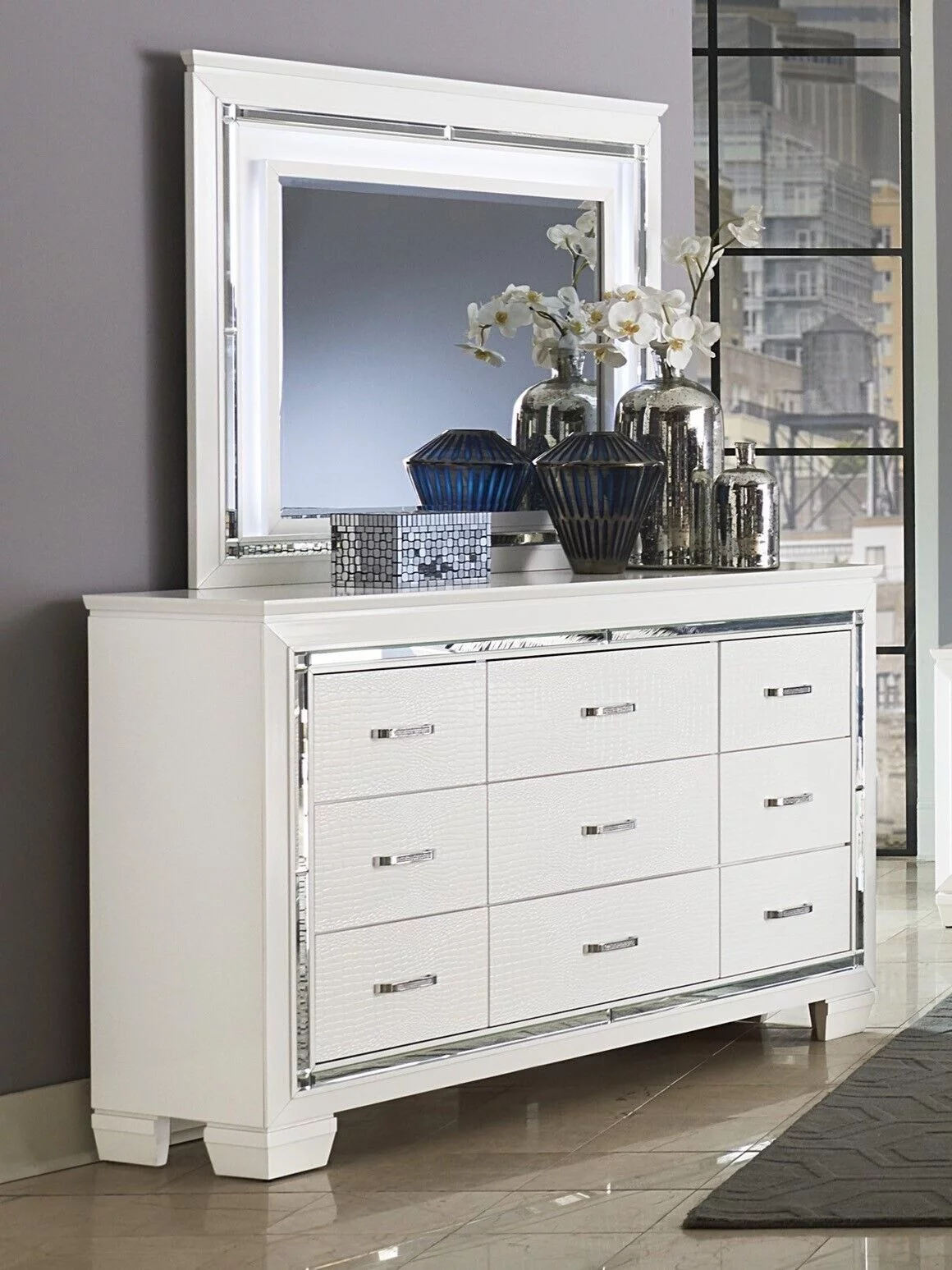 Glamorous Design White Bedroom Set 4pc Queen Button-Tufted LED Headboard Bed Nightstand Dresser LED Mirror Furniture