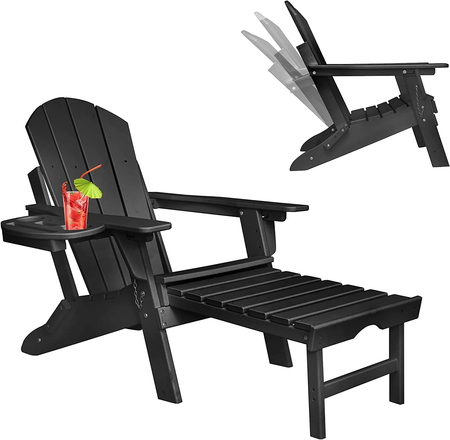Adjustable Backrest Adirondack Chair,Folding Adirondack Chair with Ottoman,Plastic Adirondack Chairs w/4 in 1 Cup Holder Tray Plastic Adirondack Chairs Weather Resistant Lawn Outdoor Patio Chairs