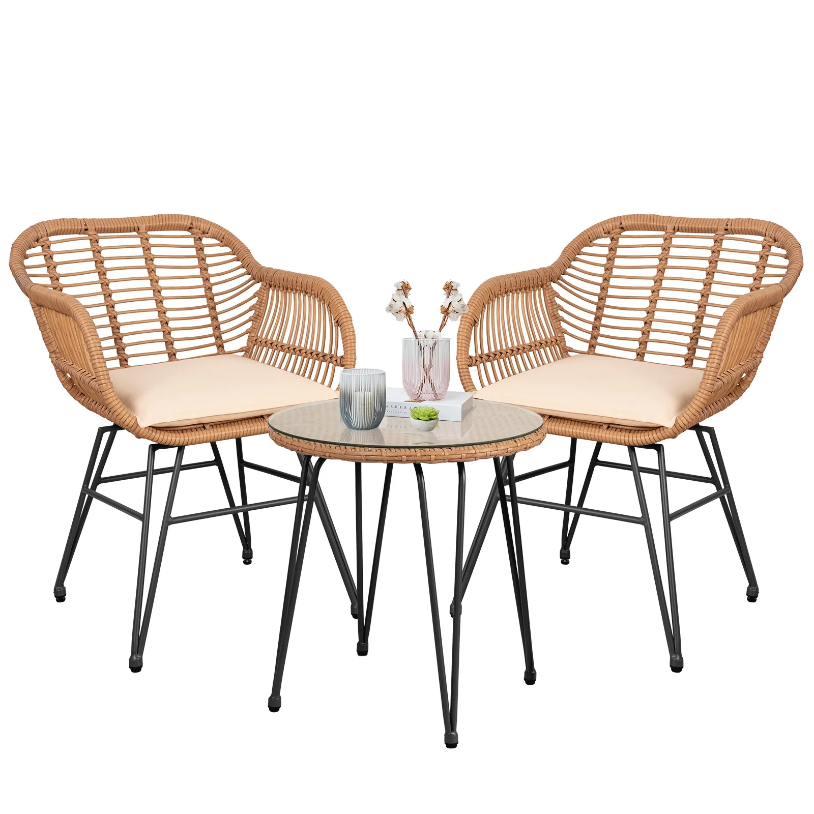 PROHIKER Balcony Furniture 3-Piece Patio Conversation Bistro Set, Modern Patio Set, Outdoor Patio Chairs and Table Set for Porch Garden Balcony Apartment, Beige