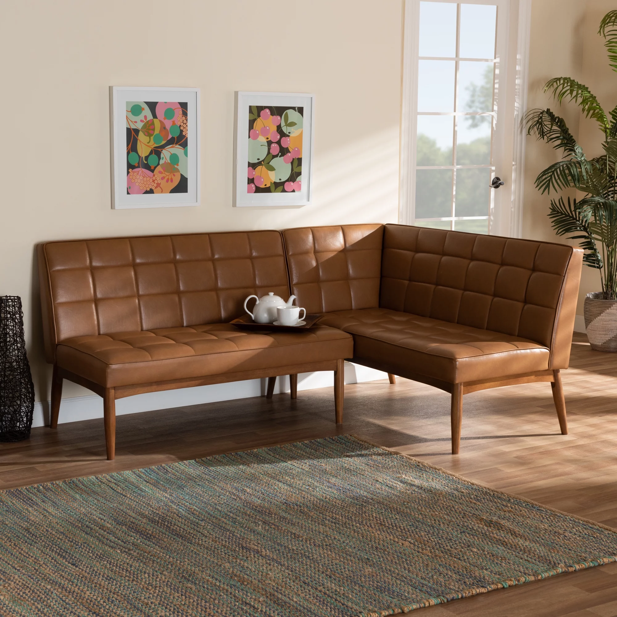 Baxton Studio Sanford Mid-Century Modern Tan Faux Leather Upholstered and Walnut Brown Finished Wood 2-Piece Dining Nook Banquette Set