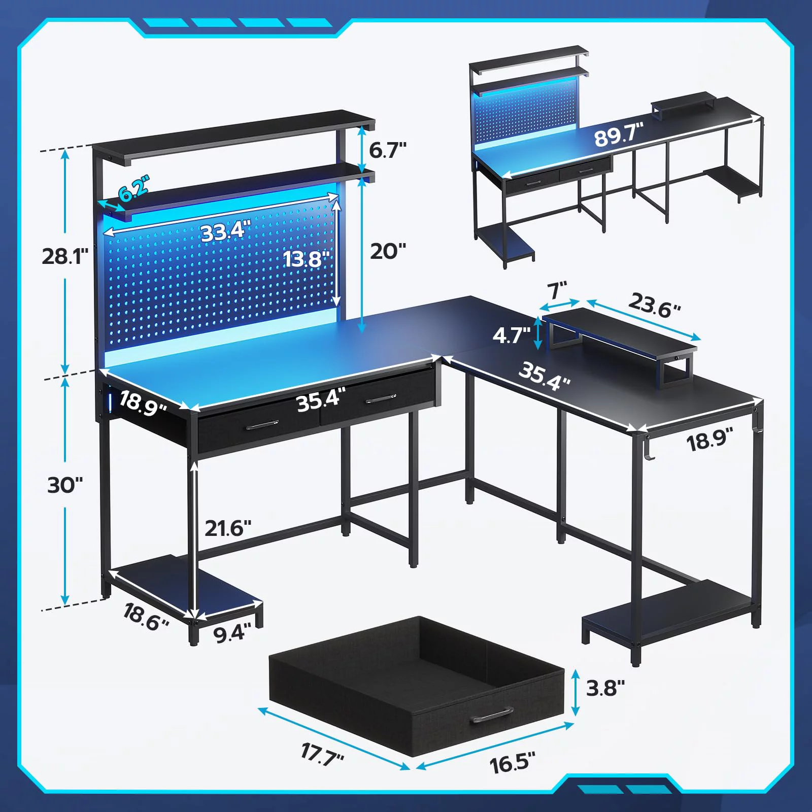 Reversible L-Shaped Computer Desk with LED Lights&Hutch&Pegboard Gaming Desk with Monitor Stand&Drawers for Home Office, Black