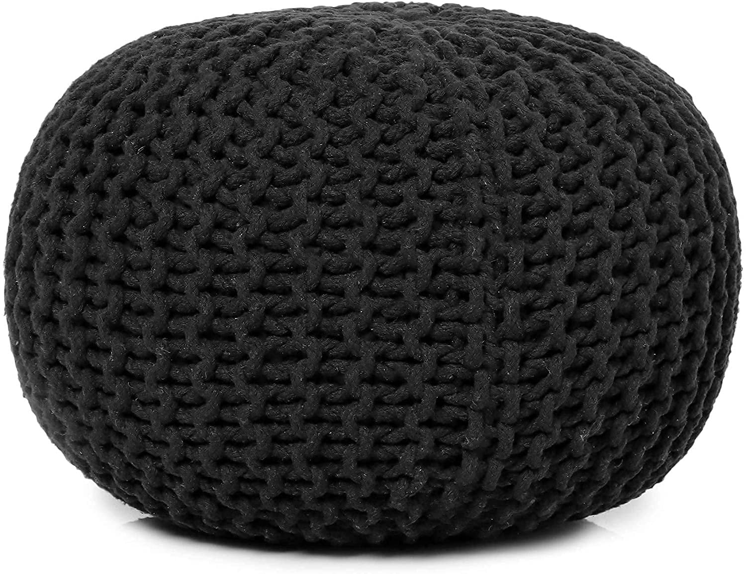 REDEARTH Round Pouf Foot Stool Ottoman -Hand Knitted Bean Bag, Cord Boho Pouffe, Cable Poof Accent Beanbag Chair Footrest for Living Room, Bedroom, Nursery, Patio, 100% Cotton 19x19x14; Black