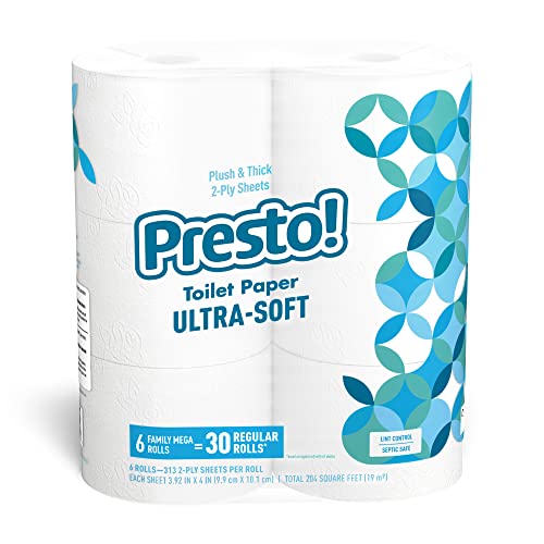 Amazon Brand - Presto! 2-Ply Ultra-Soft Toilet Paper, 24 Family Mega Rolls = 120 regular rolls, 6 Count (Pack of 4), Unscented
