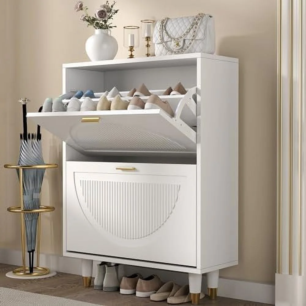 NLIBOOMLife Shoe Cabinet for Entryway Slim  Hidden Shoe  Cabinet White  Narrow Shoe Organizer with Doors  2 Flip Drawer Shoe Rack Cabinet with Doors  Thin Shoe Dresser Wood