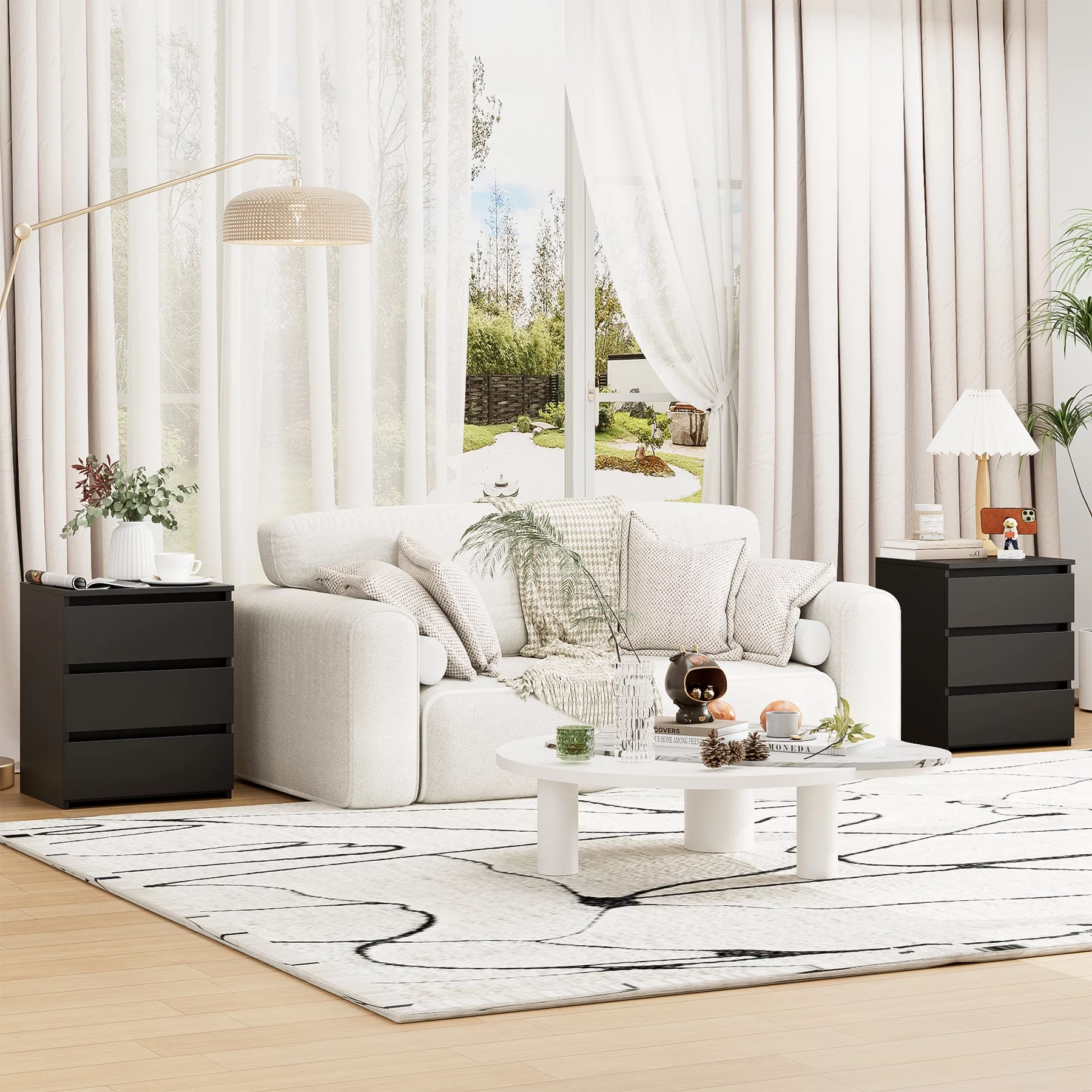 Homfa 3 Drawers Nightstand Set of 2, Small Sofa Table, Wooden Storage Cabinet for Living Room, Black Finish