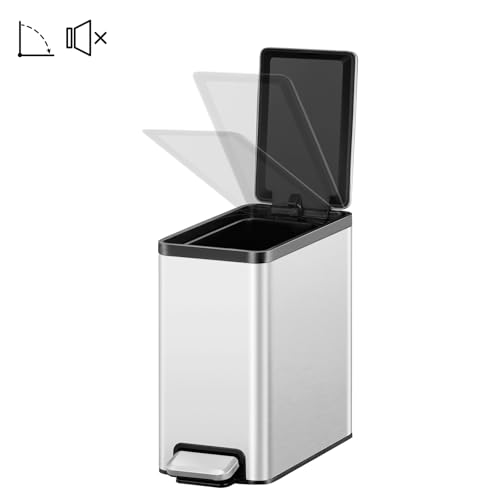 EKO Slim Small Bathroom Trash Can with Lid, Stainless Steel Kitchen Garbage Can with Removable Inner Bucket, 6L / 1.6 Gal 2 Pack Step On Trash Can Combo