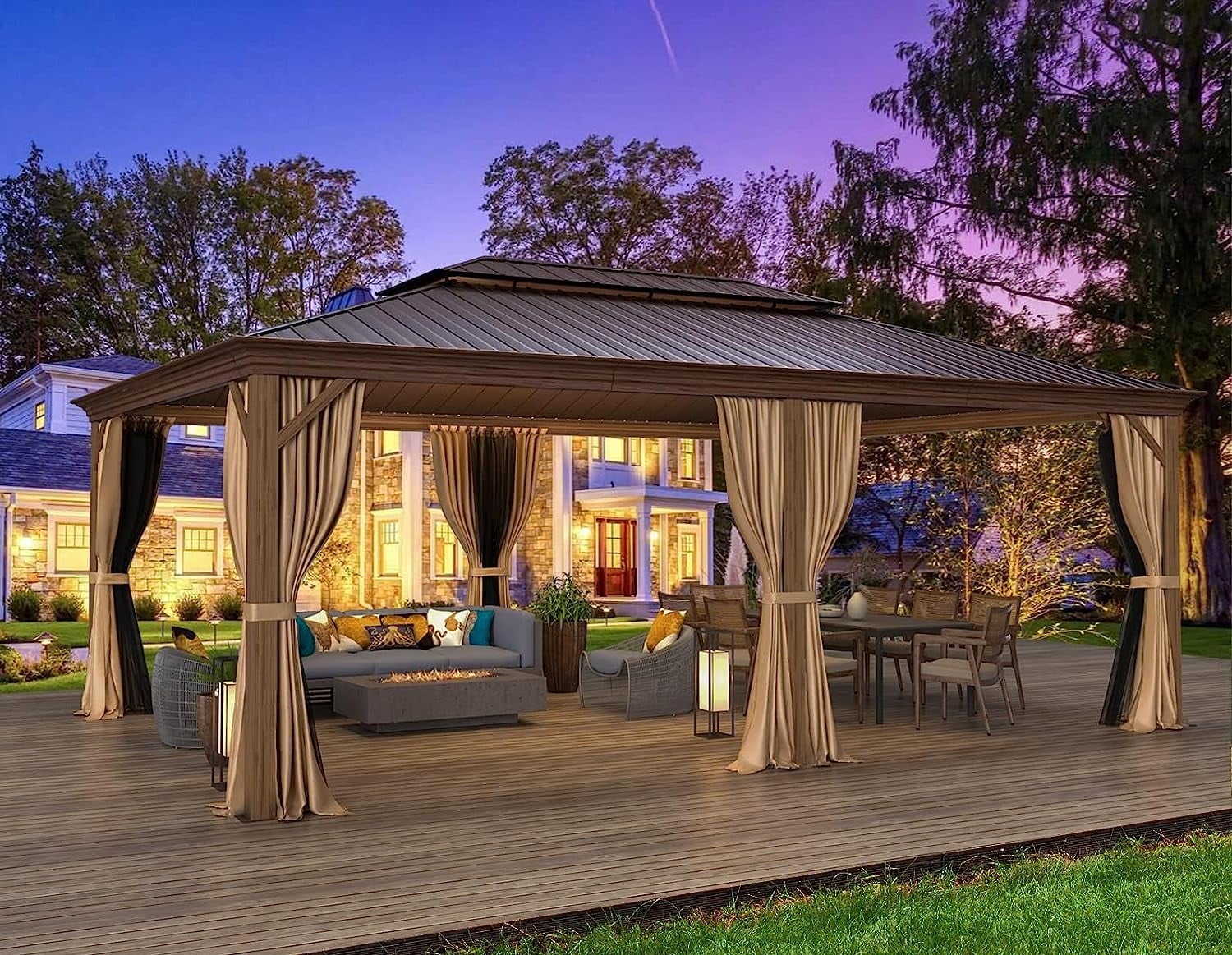 Erommy 14' x 20' Hardtop Gazebo, Wooden Finish Coated Aluminum Frame Canopy with Double Galvanized Steel Roof, Outdoor Permanent Metal Pavilion with Curtains and Nettings for Patio, Backyard and Deck