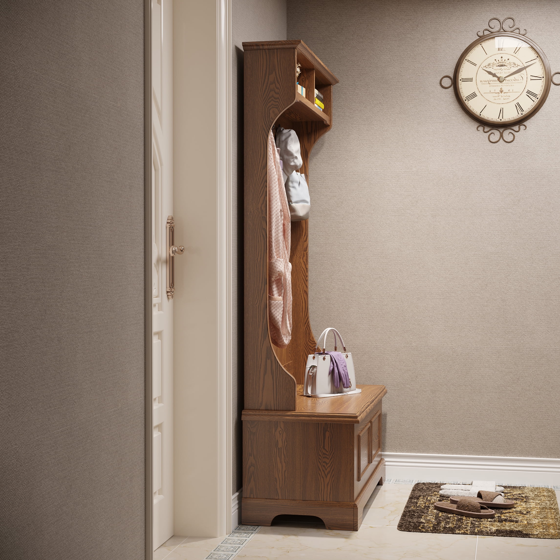 BALANBO Entrance Coat Rack Hall Tree Storage Bench with Metal Black Hooks and Shelves Cabinet - Ash Finish （Brown）