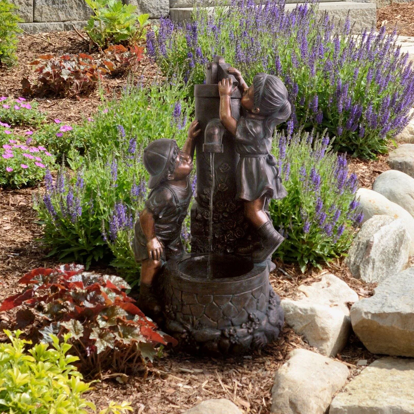 Pure Garden Boy and Girl Water Fountain, Bronze