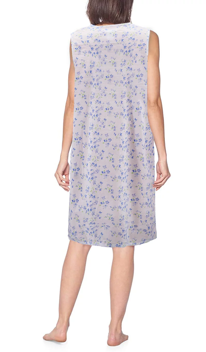 Women's Sleeveless Pearl Snap Button Floral Duster Nightgown Lounger Robe G168 (Blue, 2XL)