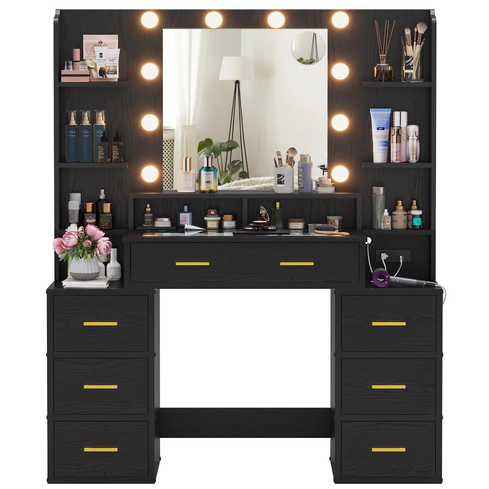 Vanity Desk with Lights and Charging Station, Makeup Vanity with 10x Magnifying Mirror, 8 Drawers, Acrylic Dividers and Shelves, Black