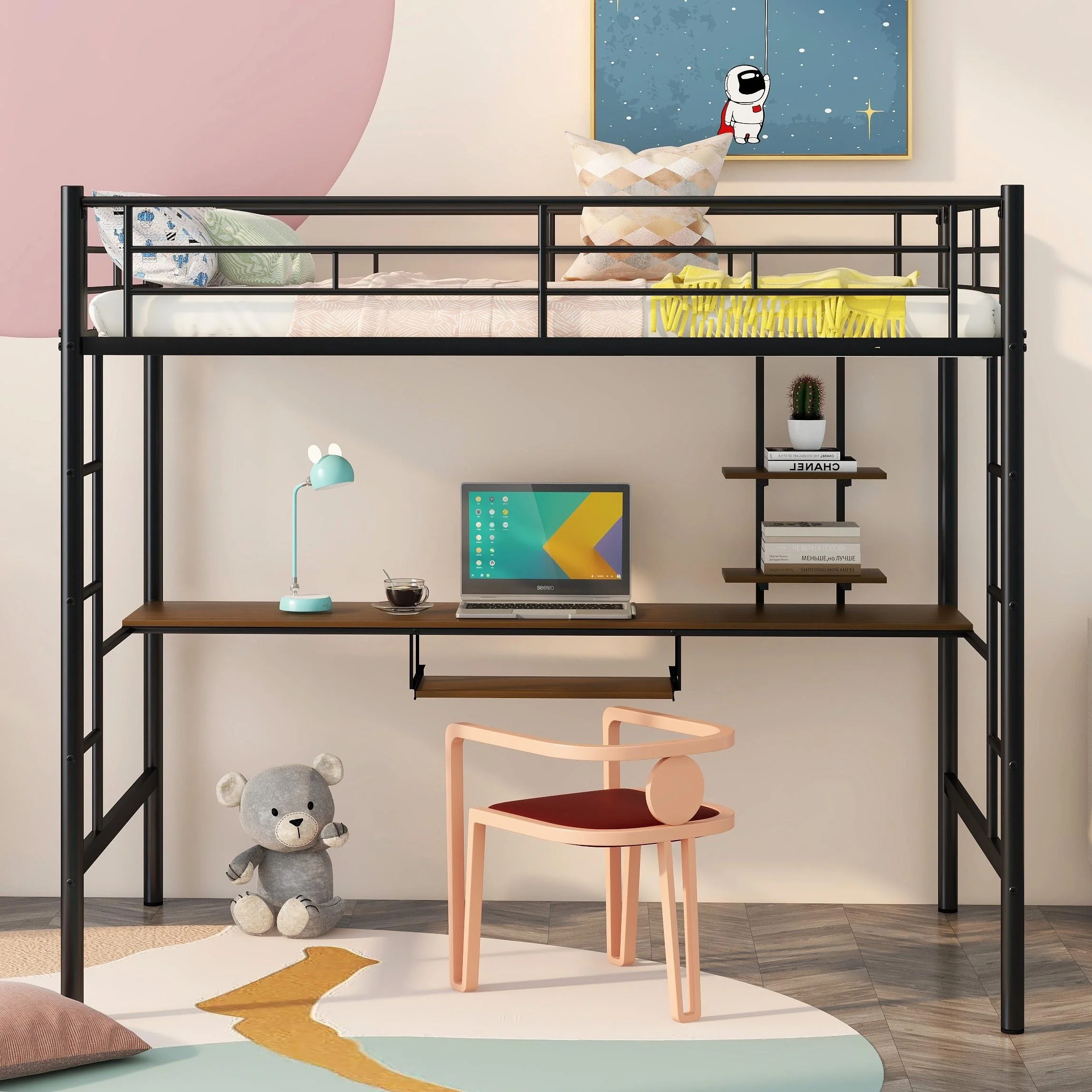 Bellemave Full Size Loft Bed with Desk and Shelves, Metal Loft Bed Frame with Built-in 2 Ladders, Saving Space Loft Beds Full for Kids Teens Adults-Black