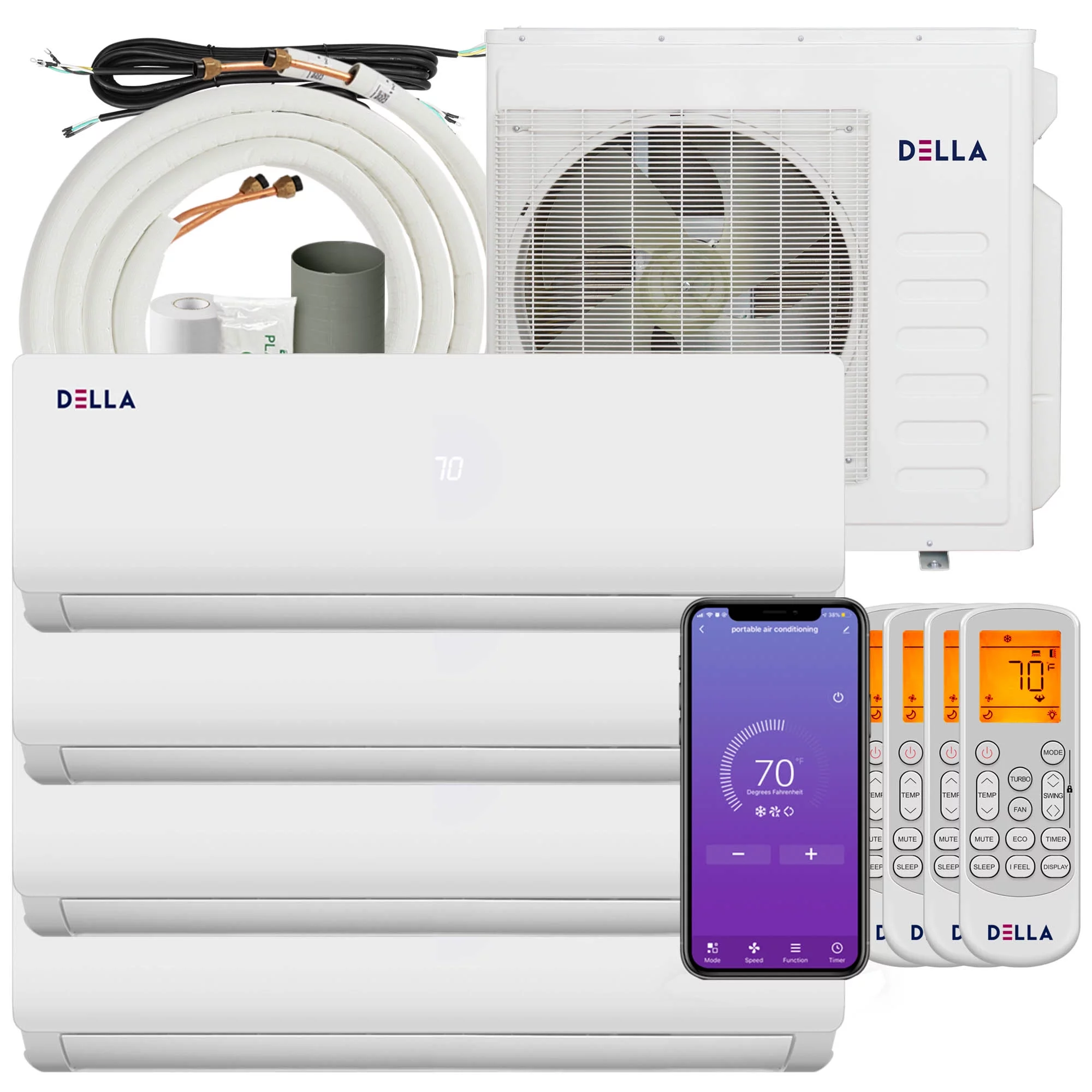 Della 36K BTU ODU Tri 4 Zone(9K 9K 9K 9K) 20 SEER 208/230V Cools Up to 1600 Sq.Ft Wifi Energy Efficient Multi Zone Ductless Mini Split Air Conditioner Heat Pump Full Set with 16ft Installation Kits