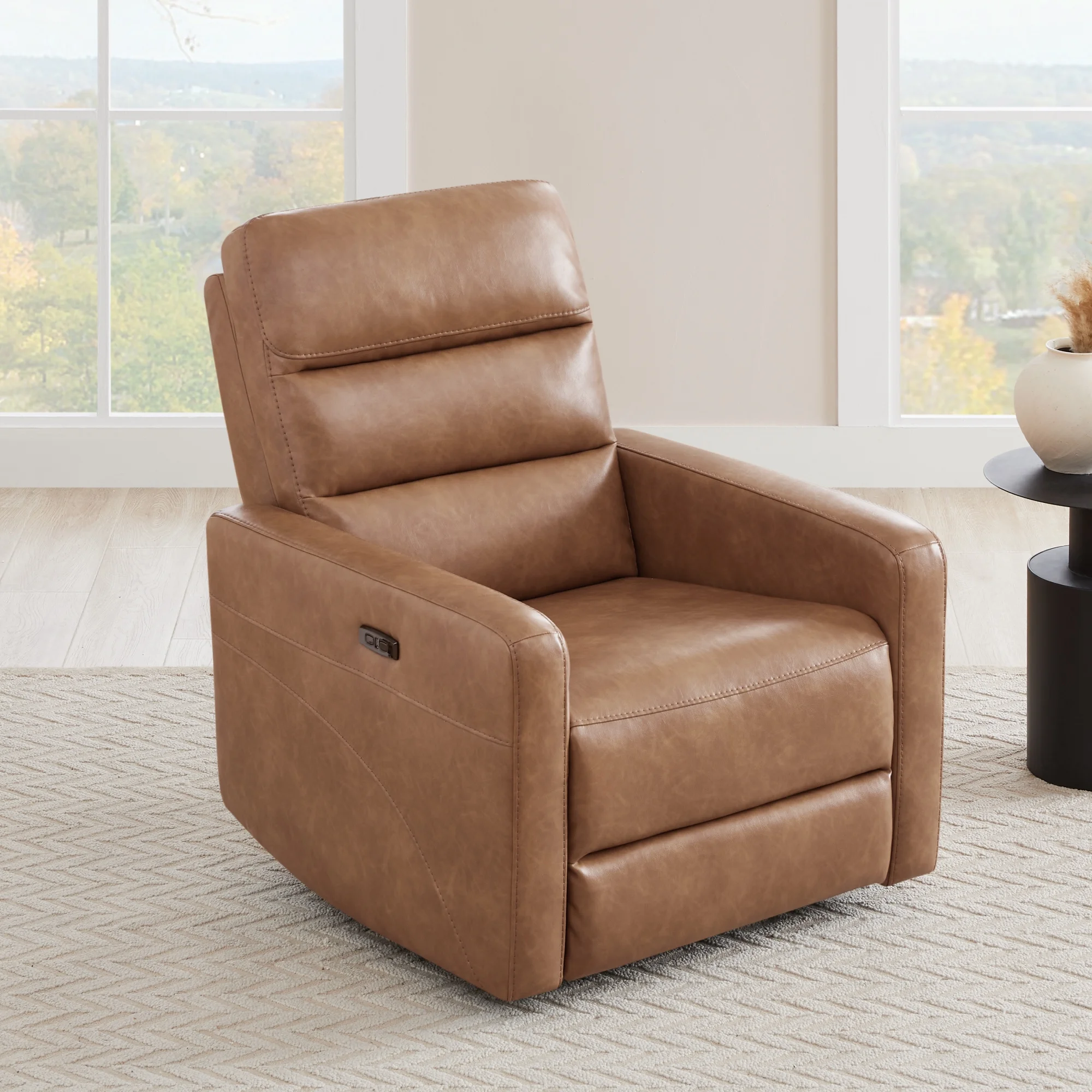CHITA Swivel Power Recliner, Glider Rocking Chair with Headrest USB Charging for Living Room Nursery, Faux Leather in Saddle Brown