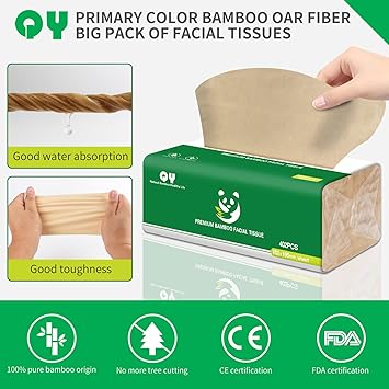 Soft Durable Bamboo Facial Tissues - 3 Ply Natural Unbleached Facial Paper Dry or Wet Use 12 Packs（134 Tissues per Pack, 1608 Tissues Total）