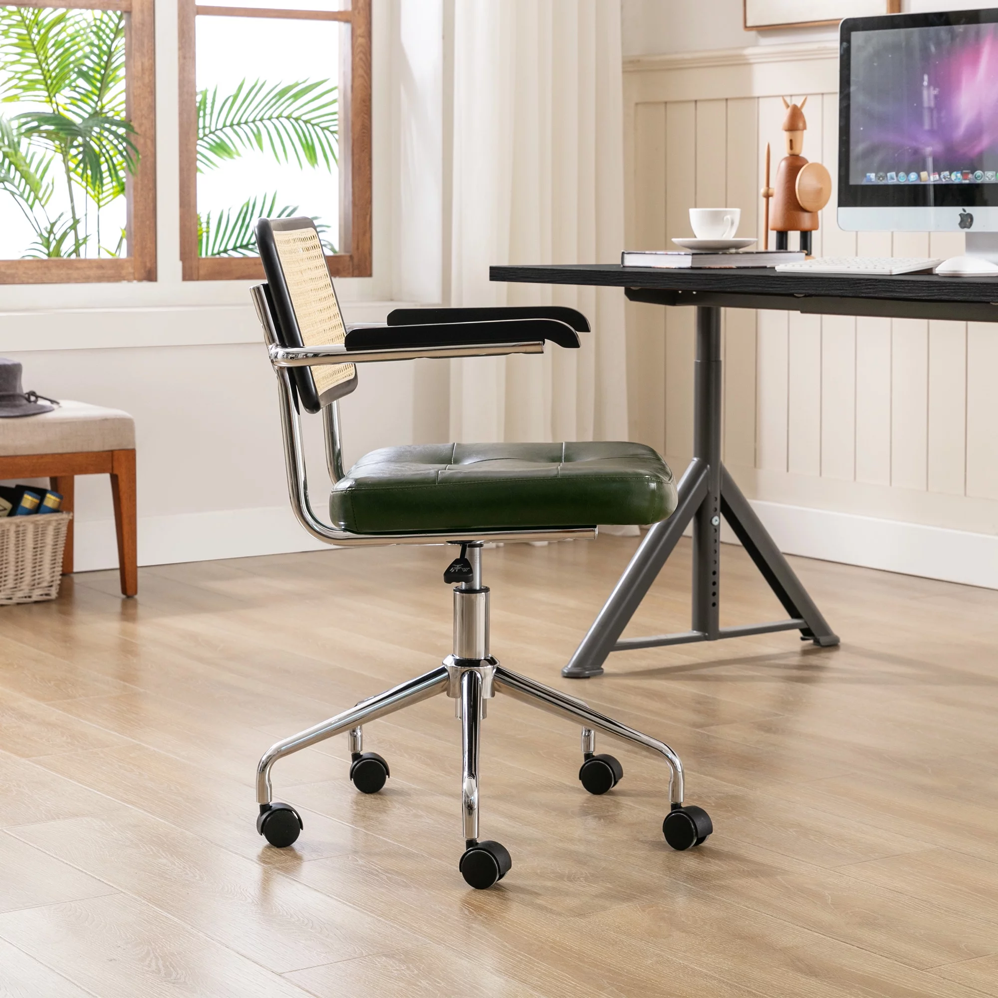 Zesthouse Mid Century Faux Leather Home Office Chair with Rattan Back, 360° Swivel Upholstered Desk Chair with Arms, Tufted Computer Task Chair for Living Room & Office Room, Green