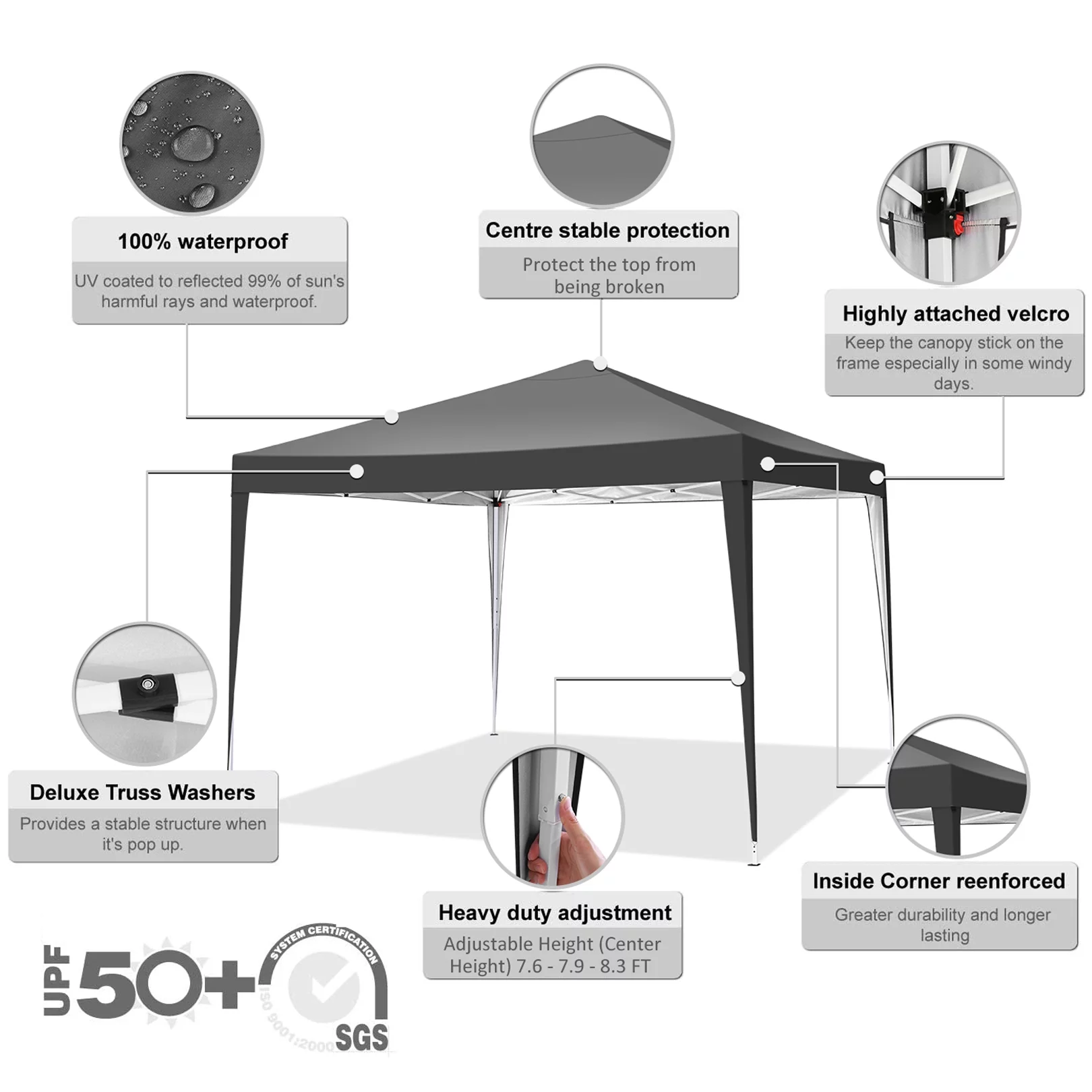 10 x 10 FT Outdoor Pop-Up Canopy, Instant Party Tent, Camping Beach Gazebo, 3 Height Adjustable with 8 Stakes, 4 Sandbags, 4 Wind Ropes, Carrying Bag, Black
