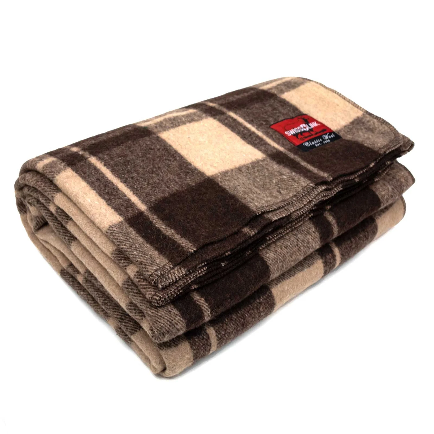 Swiss Link Military Surplus 90 x 62 Inch Classic Wool Plaid Blanket, Brown