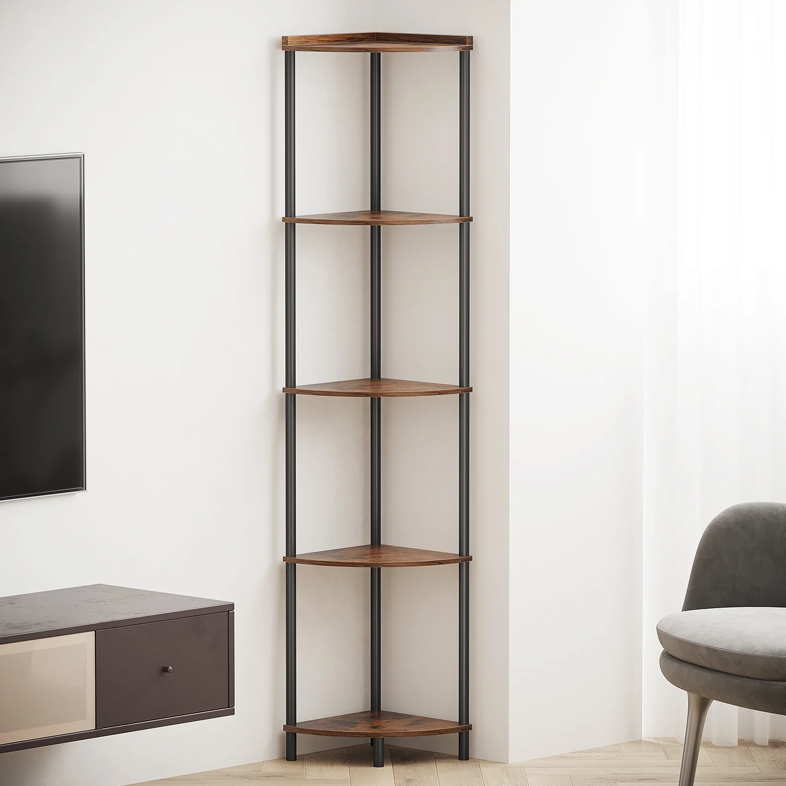 AOHAO Corner Shelf Stand for Living Room, 5 Tier Corner Shelves for Bathroom/Bedroom/Kitchen. Tall Corner Bookshelf Multi Display Unit Organizer