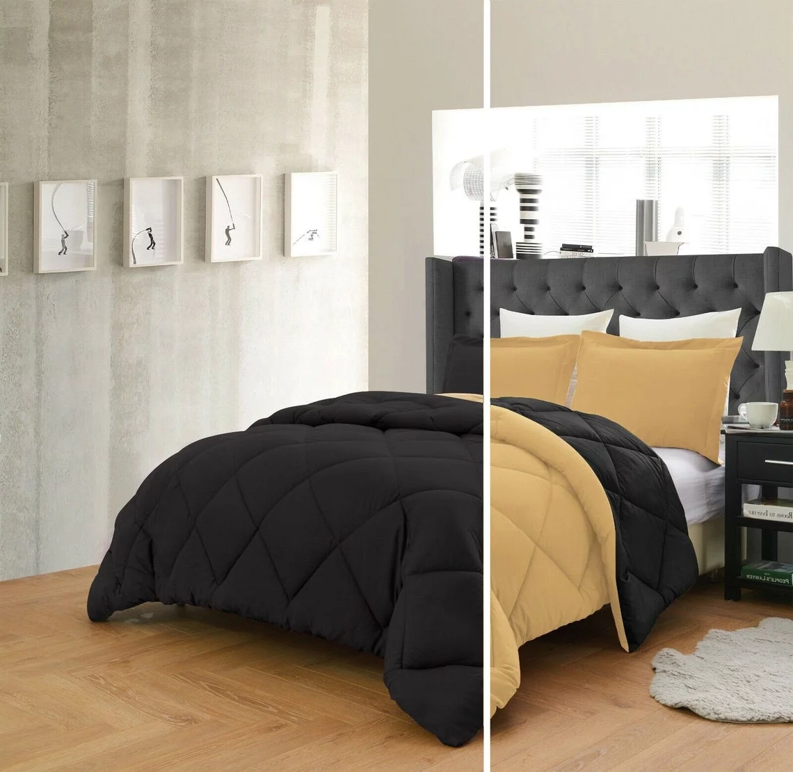 Reversible Comforter and Pillow Shams 3-Piece Set In All Colors - Down Alternative