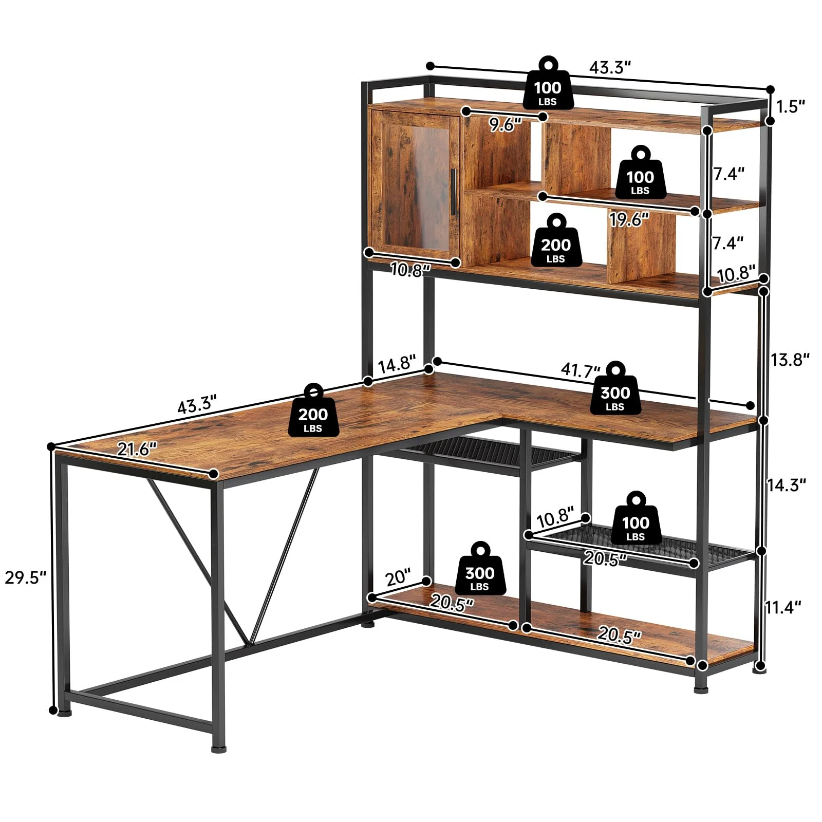 L Shape Computer Desk with LED Light and Bookshelf, 58'' Corner Desk with Storage Shelves for Home Office, Rustic Brown