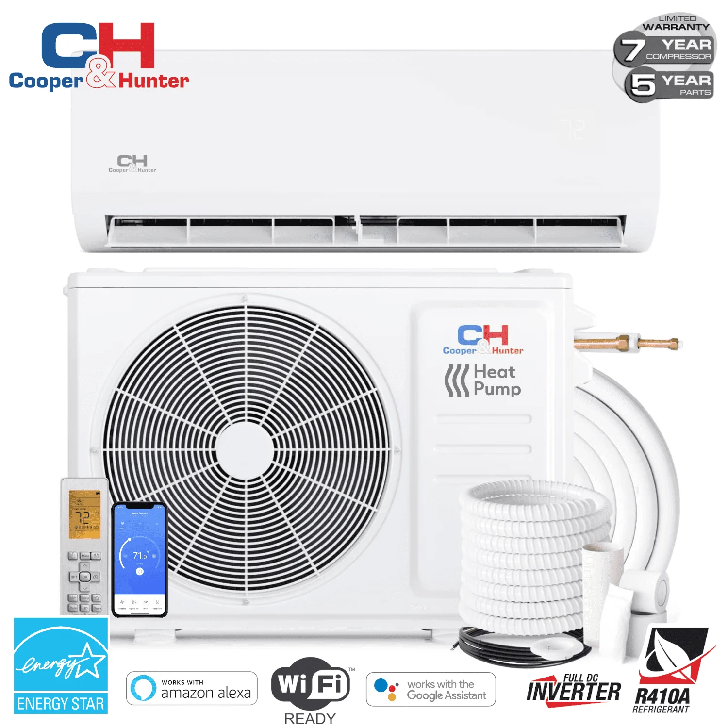 Cooper & Hunter 6000 BTU 115V Wall Mounted Mini Split Heat Pump Air Conditioner With 16ft Kit Cover 250 Sq Ft WiFi
