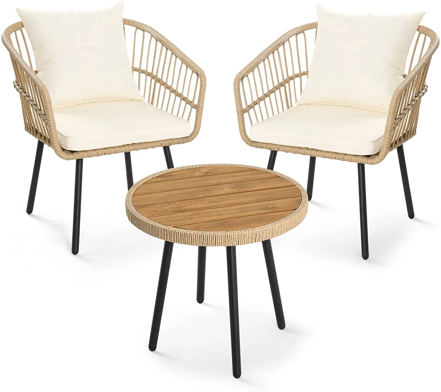 DWVO 3 Pieces Patio Wicker Conversation Chair Set, Outdoor Conversation Bistro Sets, 2 Wicker Chair (with Cushions & Lumbar Pillows) and Wicker Coffee Table - Beige