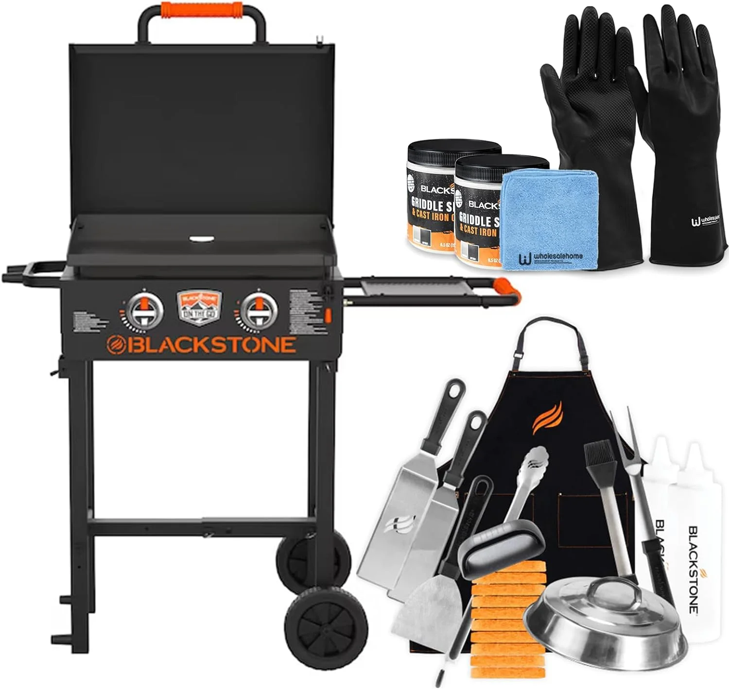 22 inch Blackstone Griddle with Hood, and Grill Stand, Outdoor Flat Top Grill Propane Portable Gas Grill, BBQ Grill with Blackstone Accessories, Seasoning, and Wholesalehome Gloves & Cloth Included