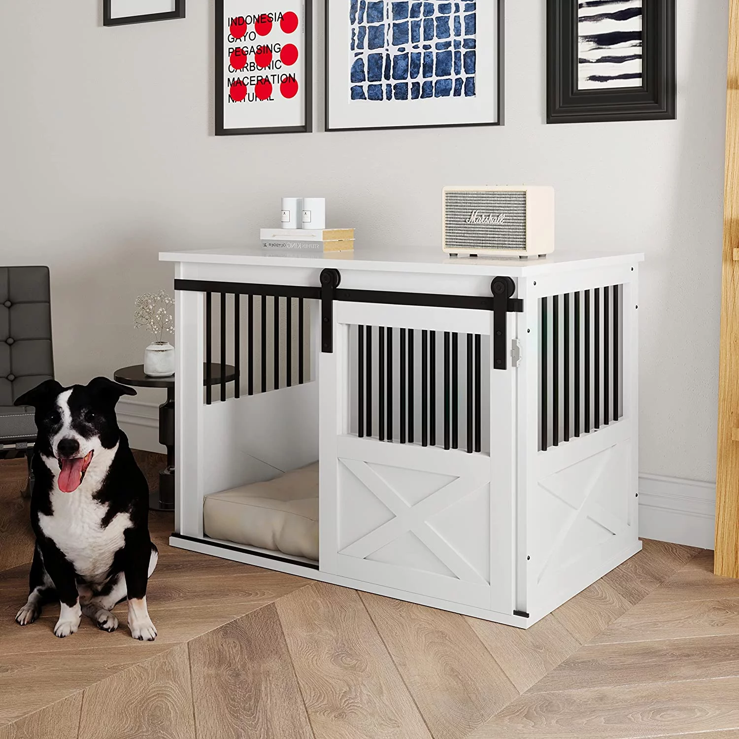 TENONER Dog Crate Furniture with Sliding Door, Wooden Dog Kennel Furniture Side End Table, Barn Door Large Pet Crate for Small to Medium Dogs, White, Need to Assembly