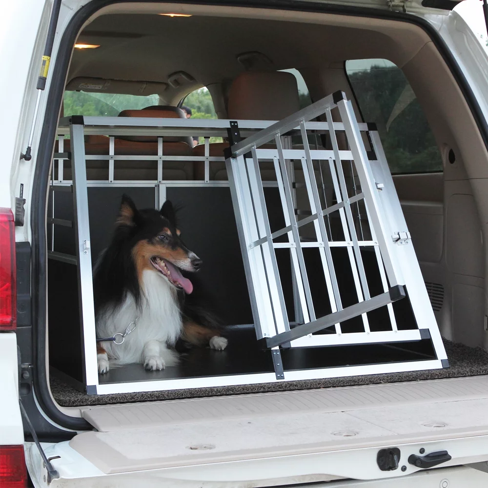 Double Doors Pet Car Transport Cage, Aluminium Puppy Travel Crate Box, Trapezoidal Kennel Dog Cat Carrier Cage