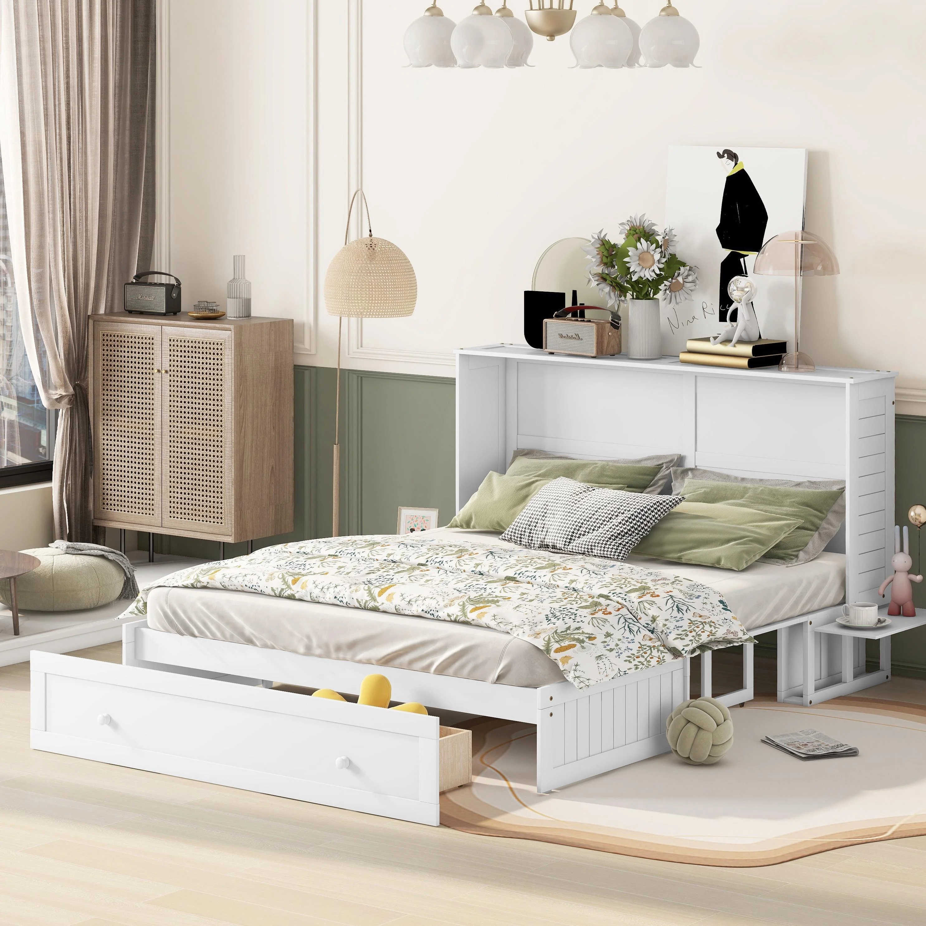 Bellemave Murphy Cube Cabinet Bed with Storage Drawer, Wood Queen Size Murphy Bed Cabinet with Side Little Shelves, Easy Fold Bed Frame for Guest Room, Home, Office (White)