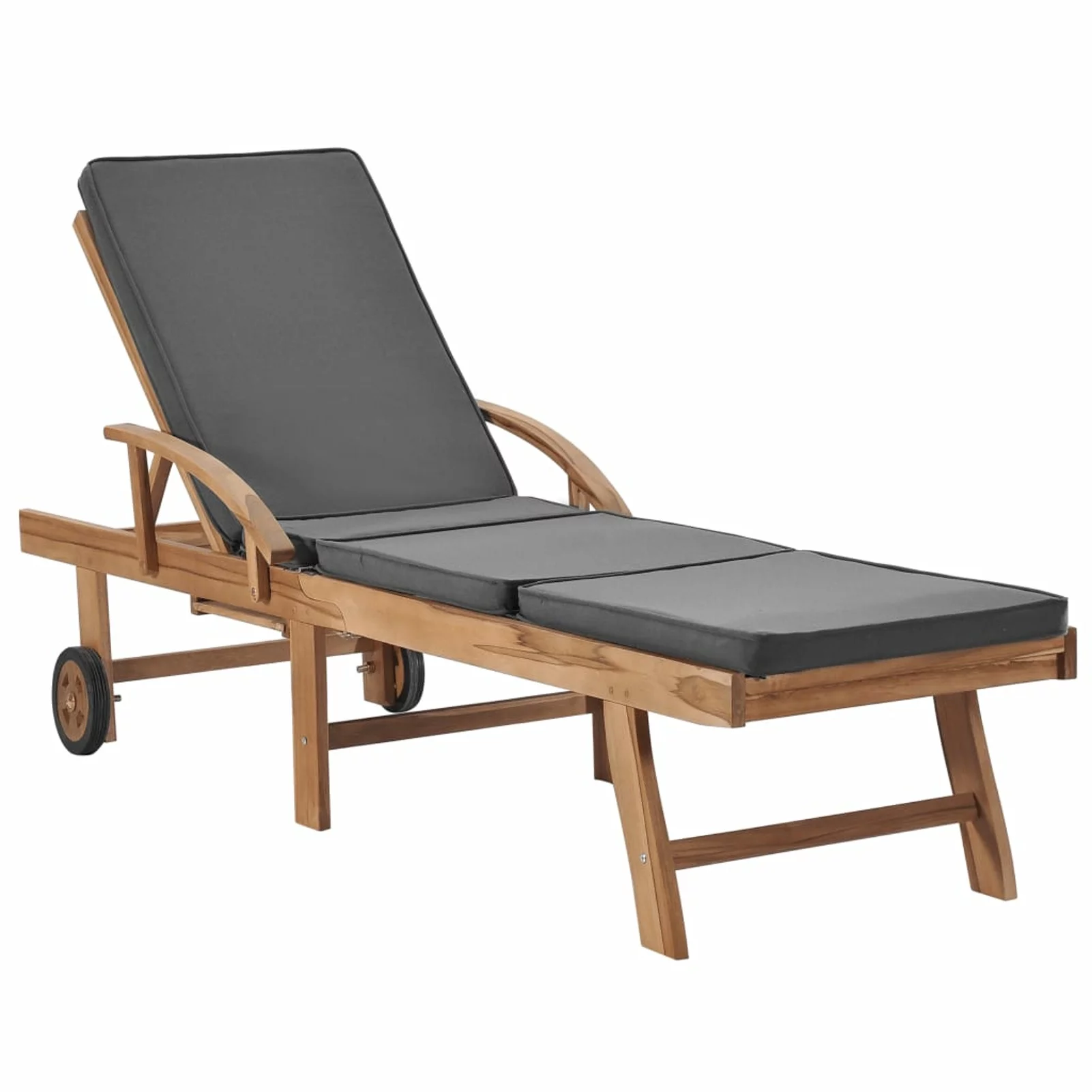 Anself Outdoor Sun Lounger with Sliding Table and Wheels Teak Wood Both Side Adjustable Chaise Lounge Chair Gray Cushioned Poolside, Backyard, Garden Furniture 76.8 x 23.4 x 13.8 Inches (L x W x H)