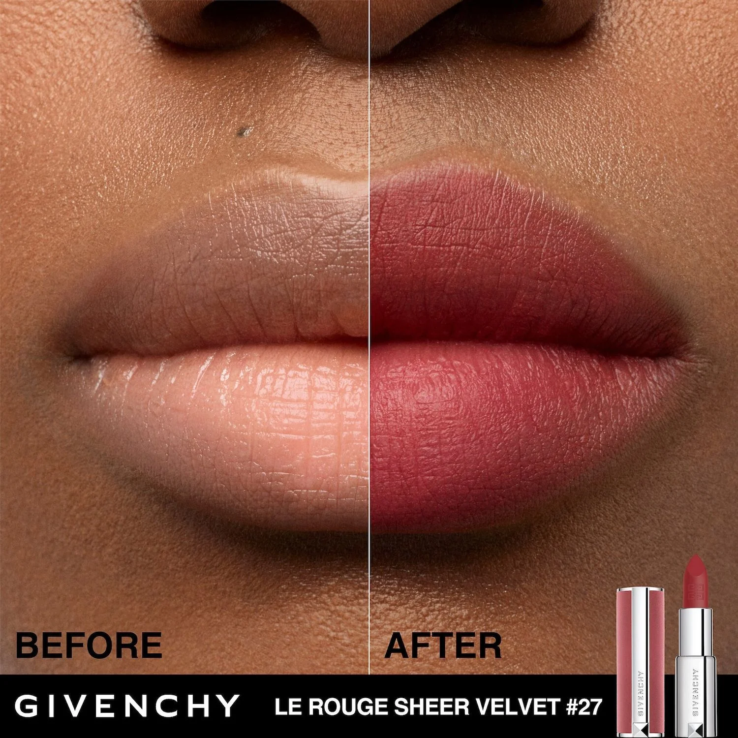 Givenchy Le Rouge Sheer Velvet Matte Lipstick - 27 Rouge Infusé - deep red with dusky pink - 0.12 oz/3.4 g